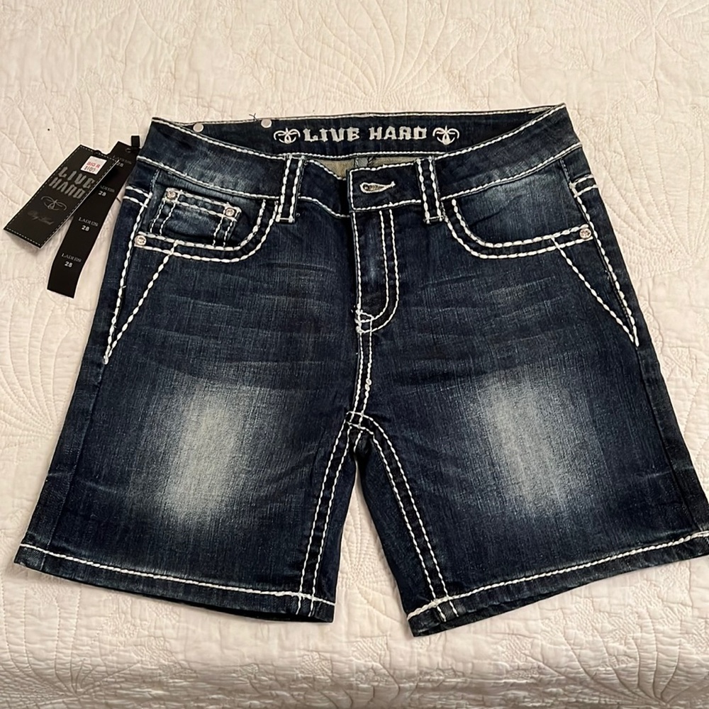 Live hard play hard jean shorts, size 28